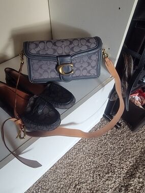 Coach Signature Canvas Shoulder Bag in Charcoal with Tan Strap